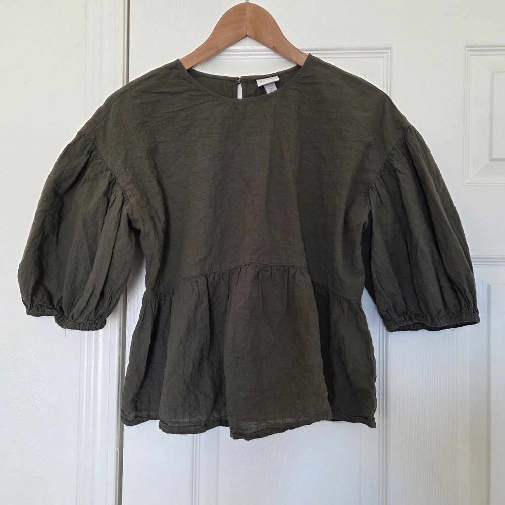 a new day Olive Green Puff Sleeve Peplum Blouse 99% Cotton